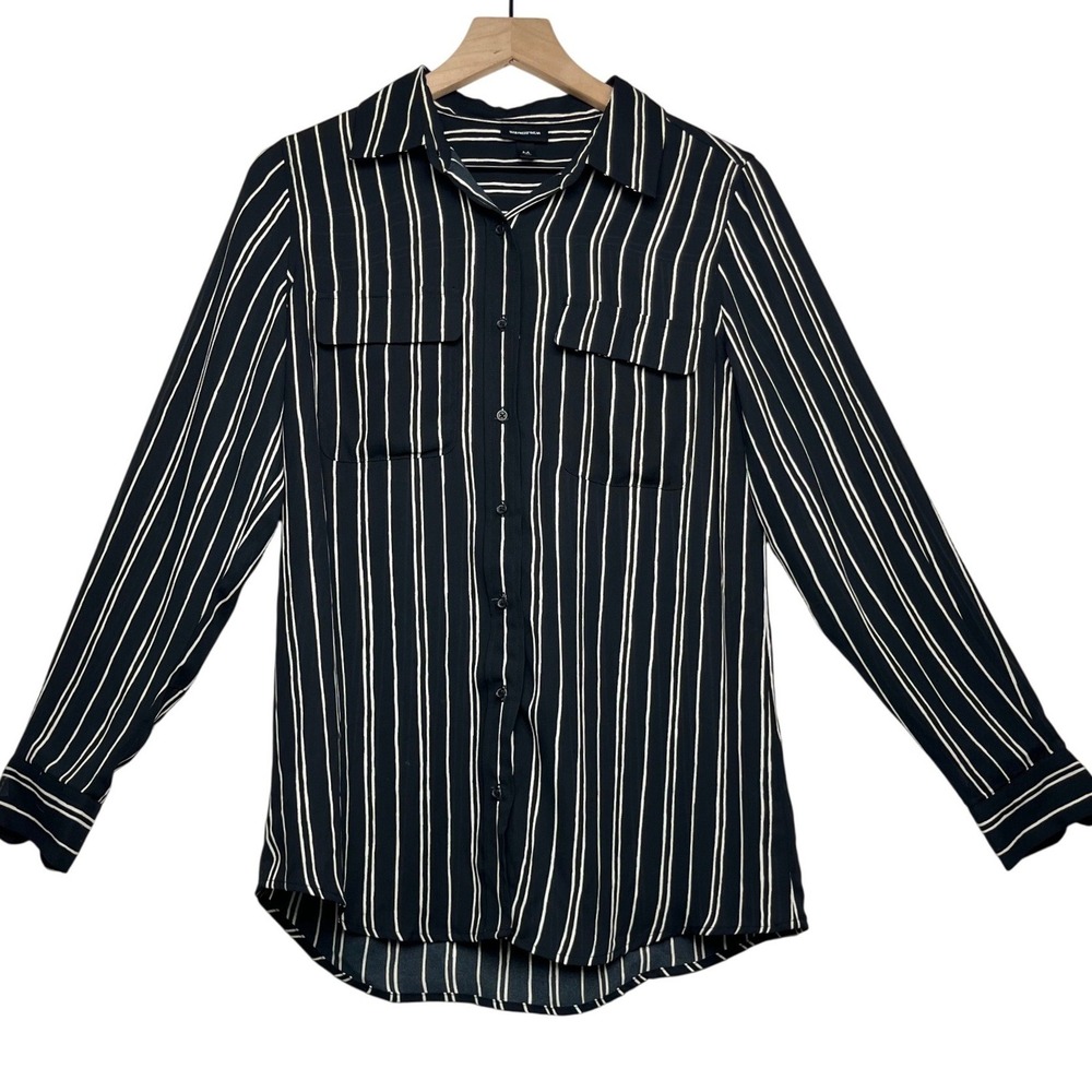 WHO WHAT WEAR Women's Officecore Striped Button Down‎ Shirt  Black White Medium